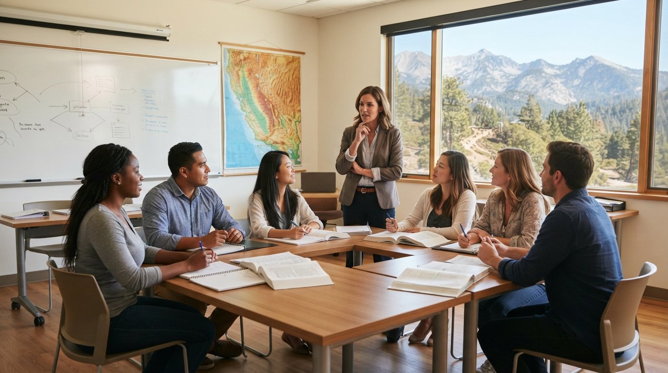 Diverse adult students seated at tables with an instructor in a bright community college classroom, textbooks and a…