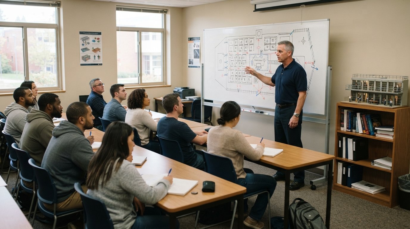 Adult students take notes at long tables while an instructor points to a whiteboard diagram of a correctional facility…