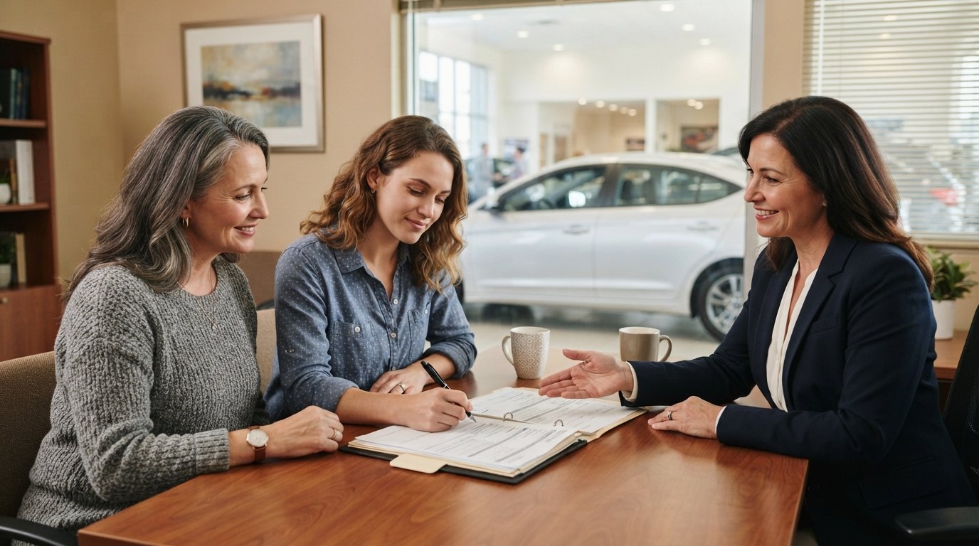 Two adults sit beside a loan officer at a wooden desk signing auto loan paperwork, with a silver sedan visible through the…