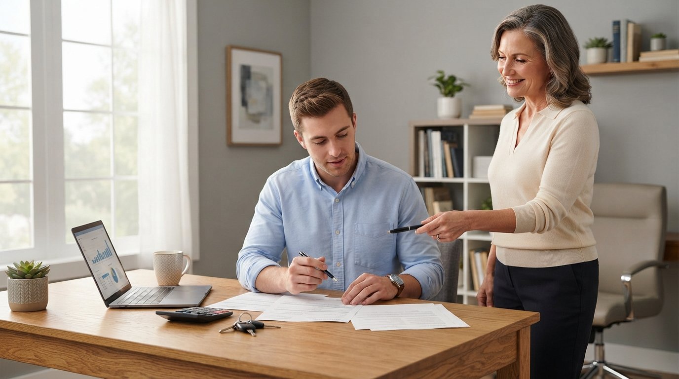 Man in blue shirt at a desk with refinance paperwork, laptop, calculator, and car keys as an older woman hands him a pen