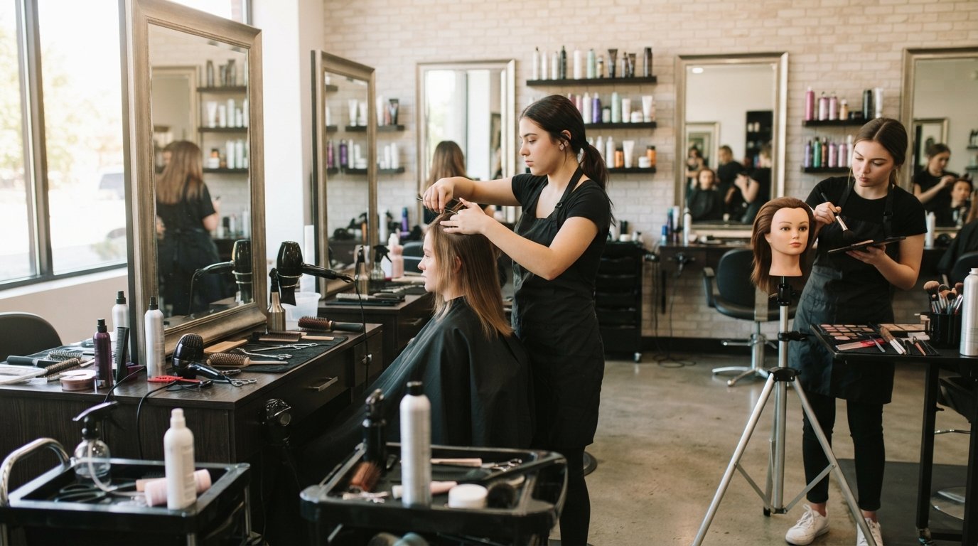 Cosmetology student in a black apron styles a seated client's hair at a mirrored salon station while another student…