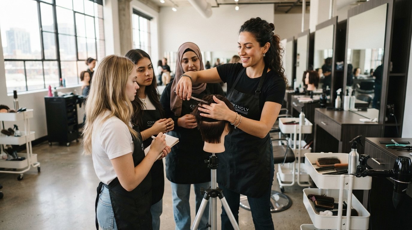 Cosmetology instructor in a black apron holds styling shears over a mannequin head while adult students watch in a bright…