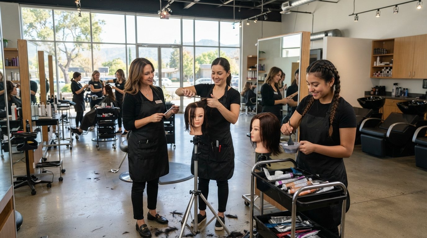 Two students in black aprons practice haircutting and color mixing at styling stations with mannequin heads, shears, and…