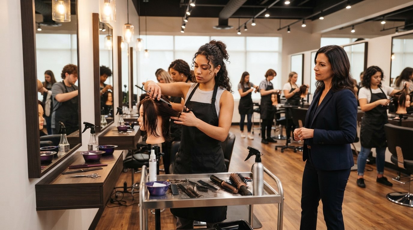 Cosmetology student in a black apron cutting a mannequin head's hair at a styling station as an instructor watches