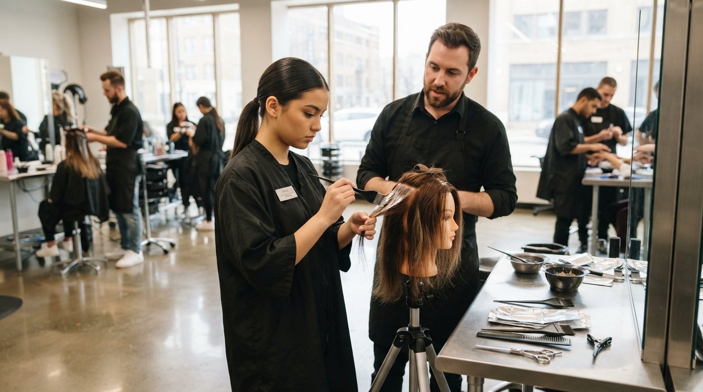 Student in a black smock applies balayage color to a mannequin head as an instructor observes at a stainless steel station.