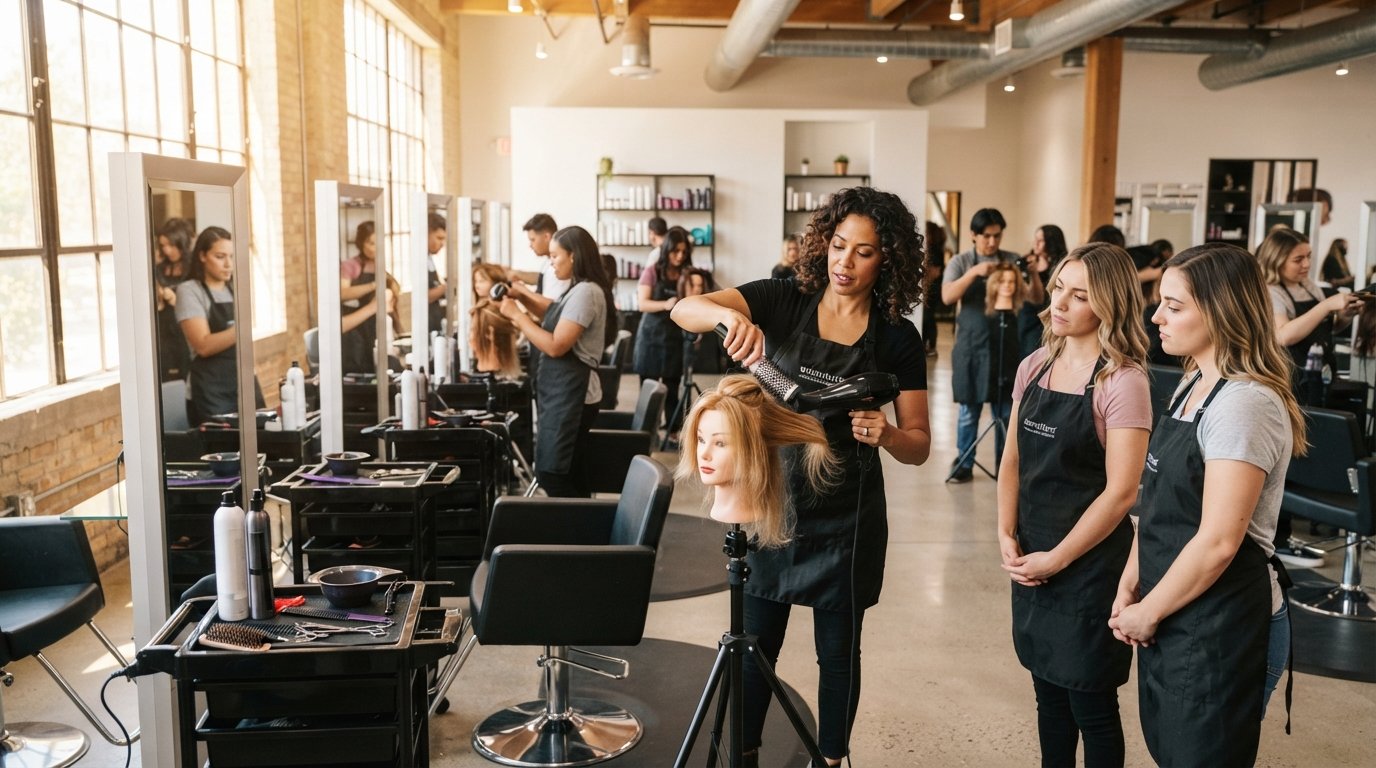 Cosmetology students in black aprons practice haircutting and blow-drying on mannequin heads at salon-style stations while…
