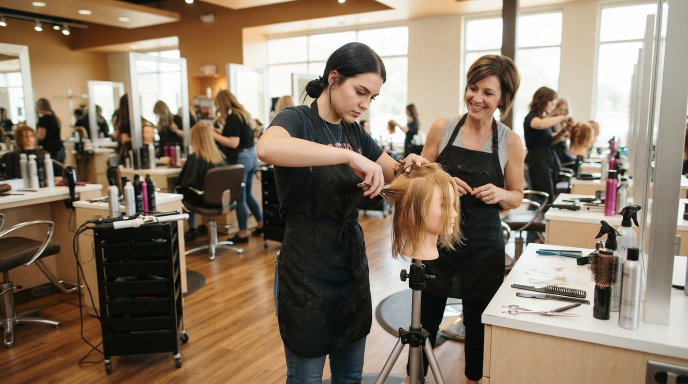 Student in a black apron trims a mannequin's hair with shears while an instructor watches on a bright salon training floor