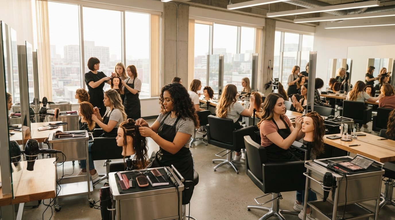 Adult students in black aprons style mannequin heads at salon stations with mirrors and tools as an instructor demonstrates