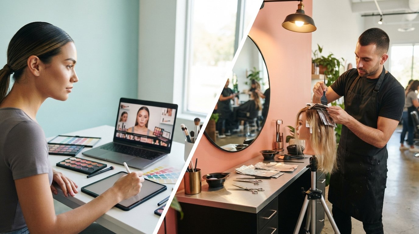 Student watching a makeup tutorial on a laptop beside a man practicing balayage on a mannequin in a bright salon classroom