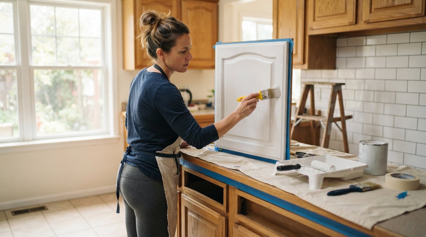 Person in casual clothes brushing soft white paint onto a dated kitchen cabinet door, with drop cloth, paint tray, roller,…