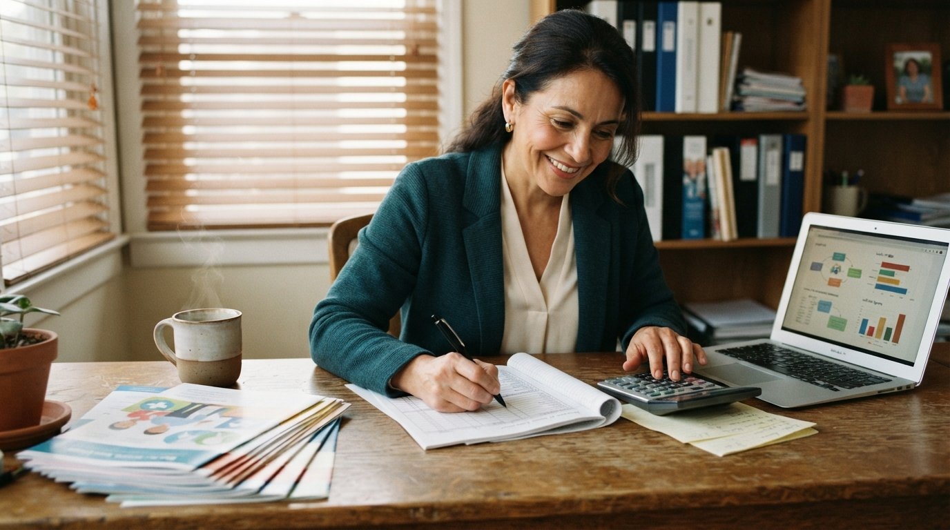 Insurance agent at a wooden desk comparing a paper budget worksheet and calculator with lead cost figures on a laptop,…