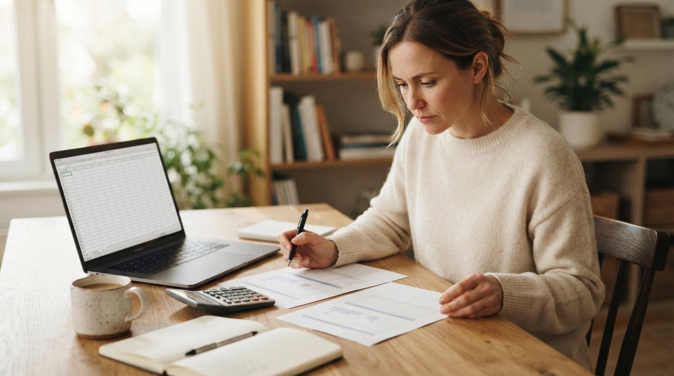 Adult student at a wooden desk comparing two printed tuition breakdowns beside a calculator and laptop
