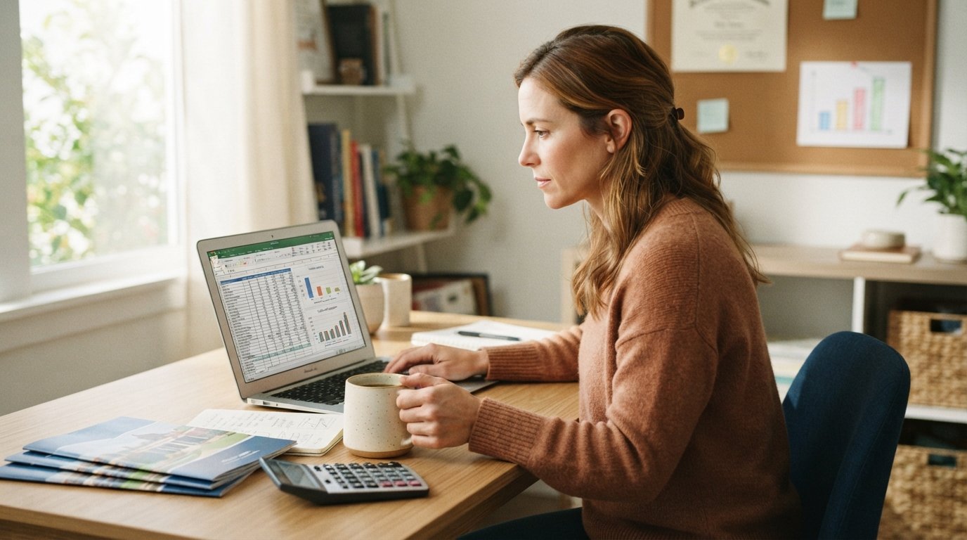 Woman in a home office reviewing tuition cost spreadsheet on a laptop with brochures and a calculator on the desk