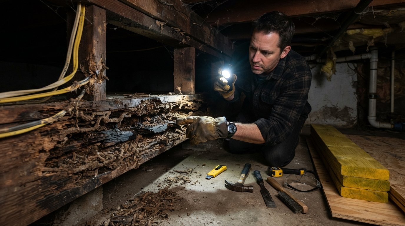 Homeowner in gloves shining a flashlight on a hollowed wooden floor joist with termite tunnels, rodent-gnawed wires and…