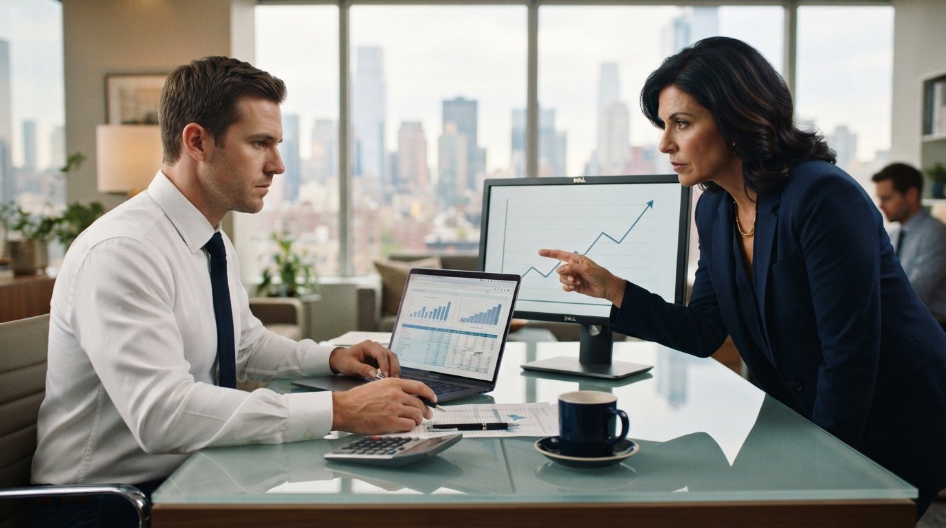 Loan officer in white shirt and tie reviews loan cost spreadsheet on laptop while branch manager points at rising…