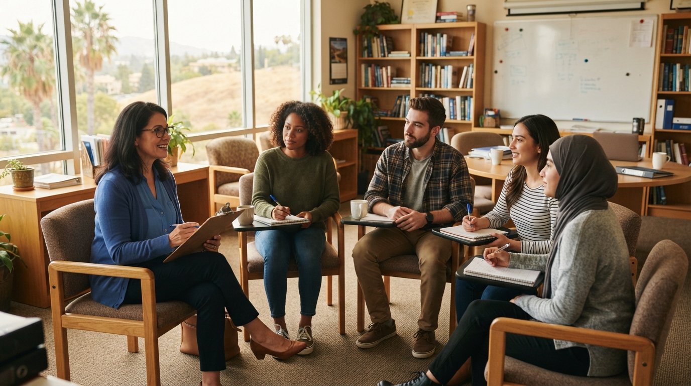 Four graduate students in a semicircle with a professor holding a clipboard in a sunlit classroom overlooking palm trees