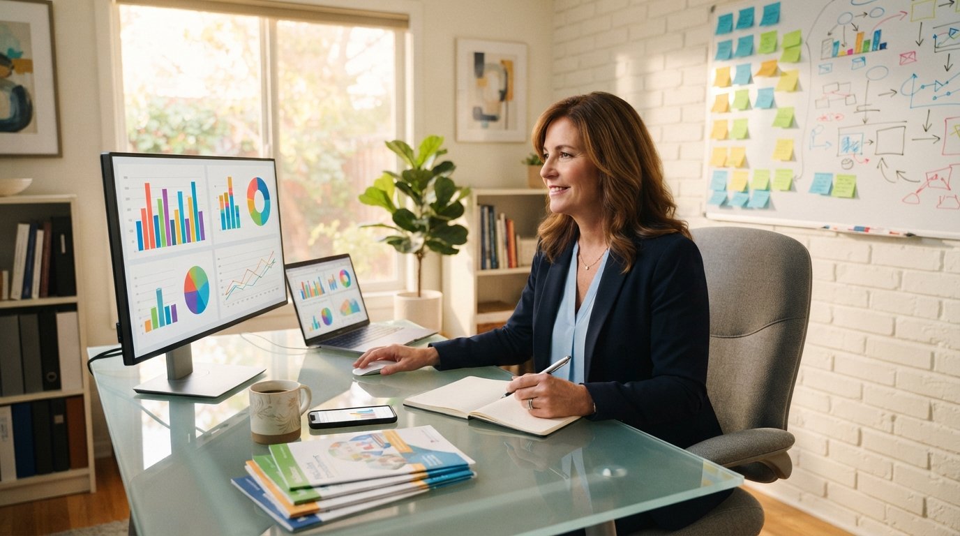 Insurance agent in navy blazer at glass desk reviewing colorful bar graphs and pie charts on a large monitor in a bright…