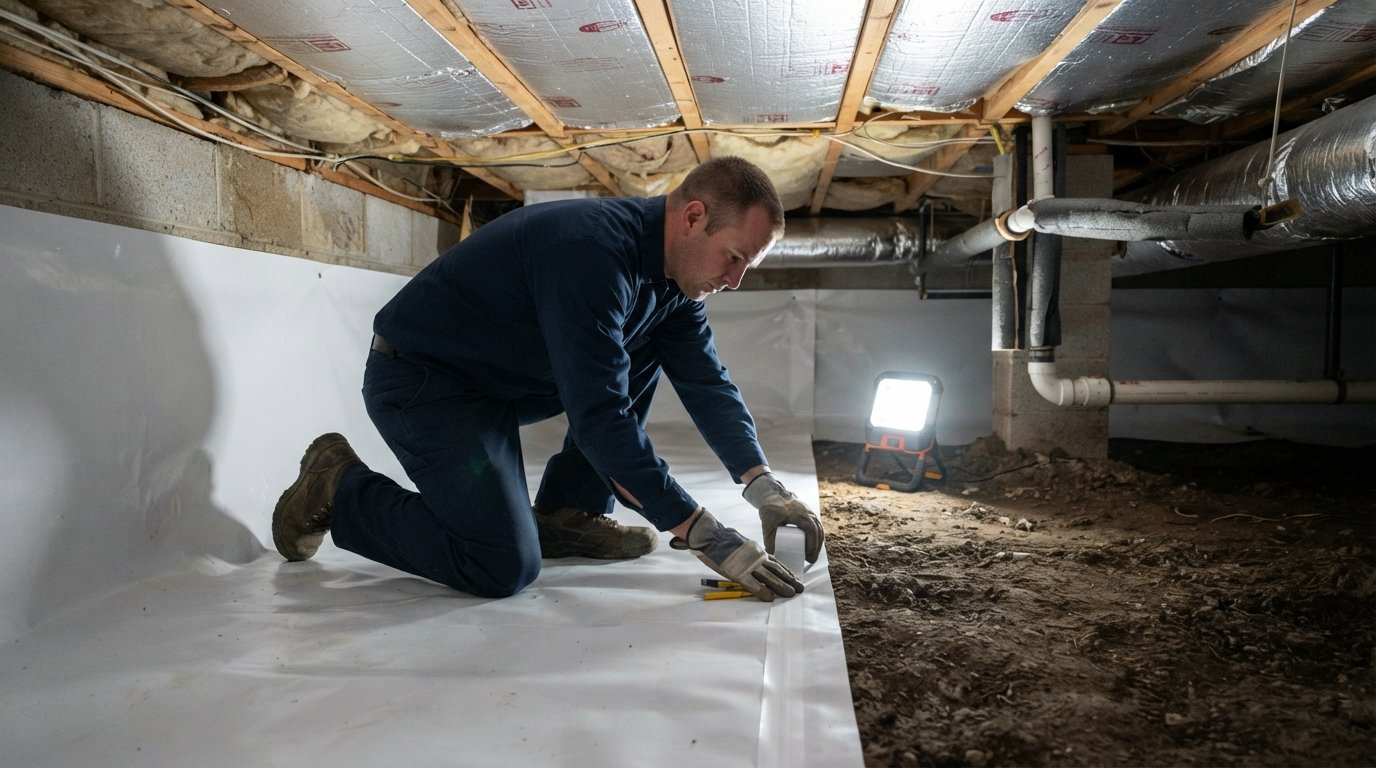 Contractor in navy uniform and gloves sealing white polyethylene vapor barrier along crawl space walls and piers, with foil…