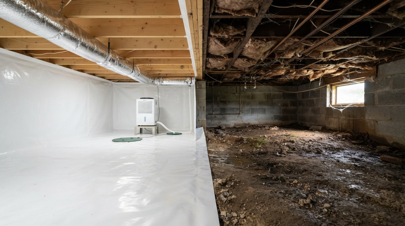 Split-view crawl space: left side sealed with white plastic liner and dehumidifier; right side open vents, dirt floor,…