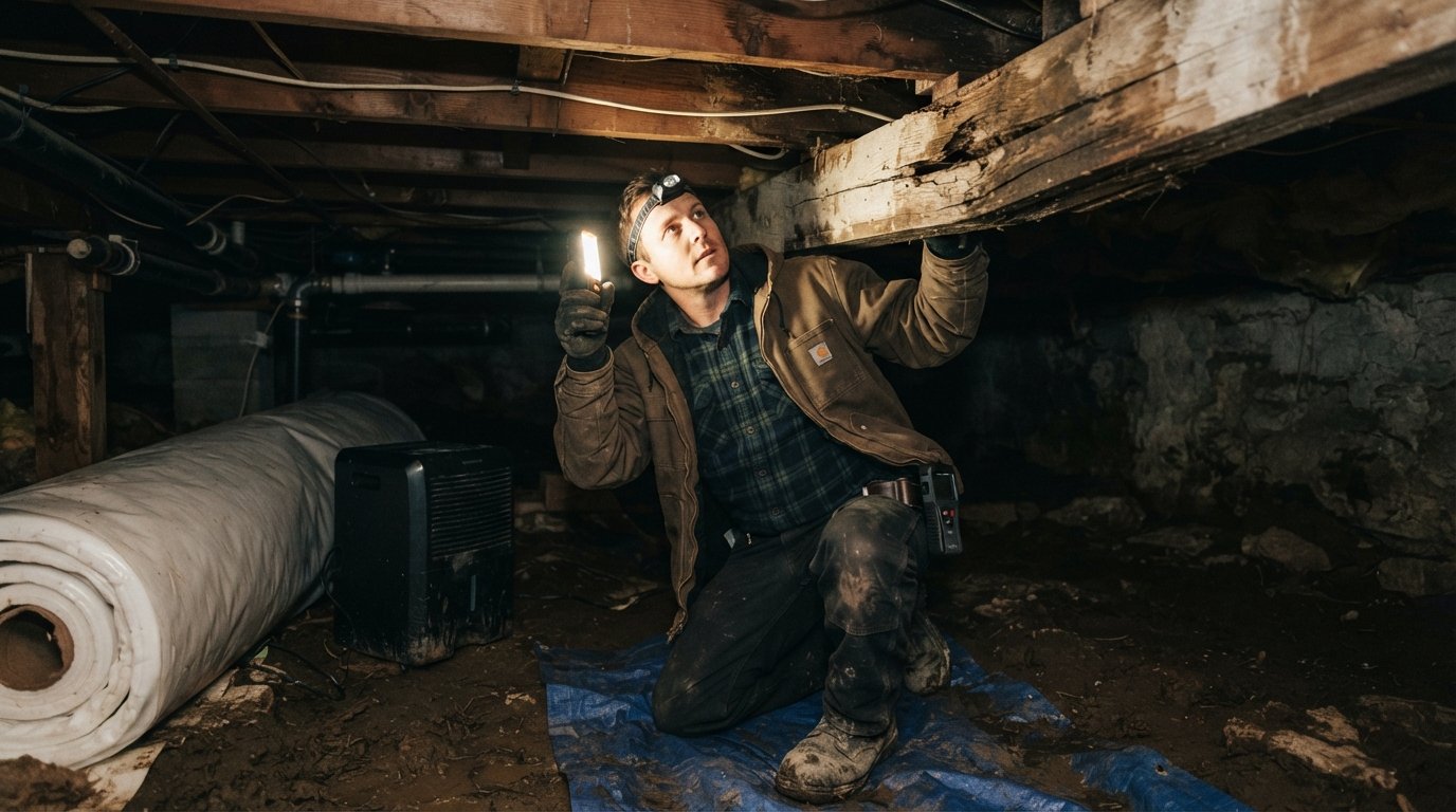 Contractor in a crawl space shines a work light on a cracked support beam while a dehumidifier and vapor barrier sit nearby