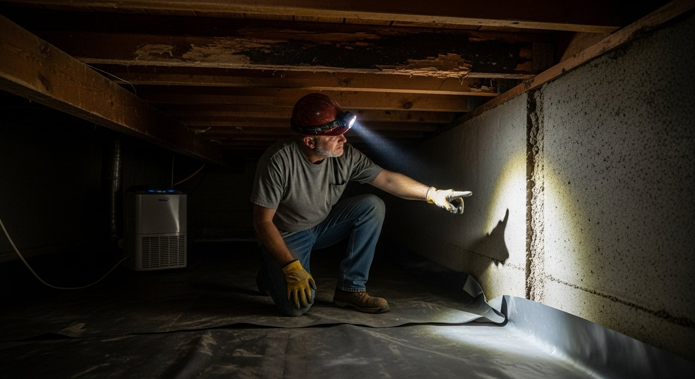 Contractor in work boots and headlamp kneels in a residential crawl space, inspecting damp soil and a stained wooden floor…