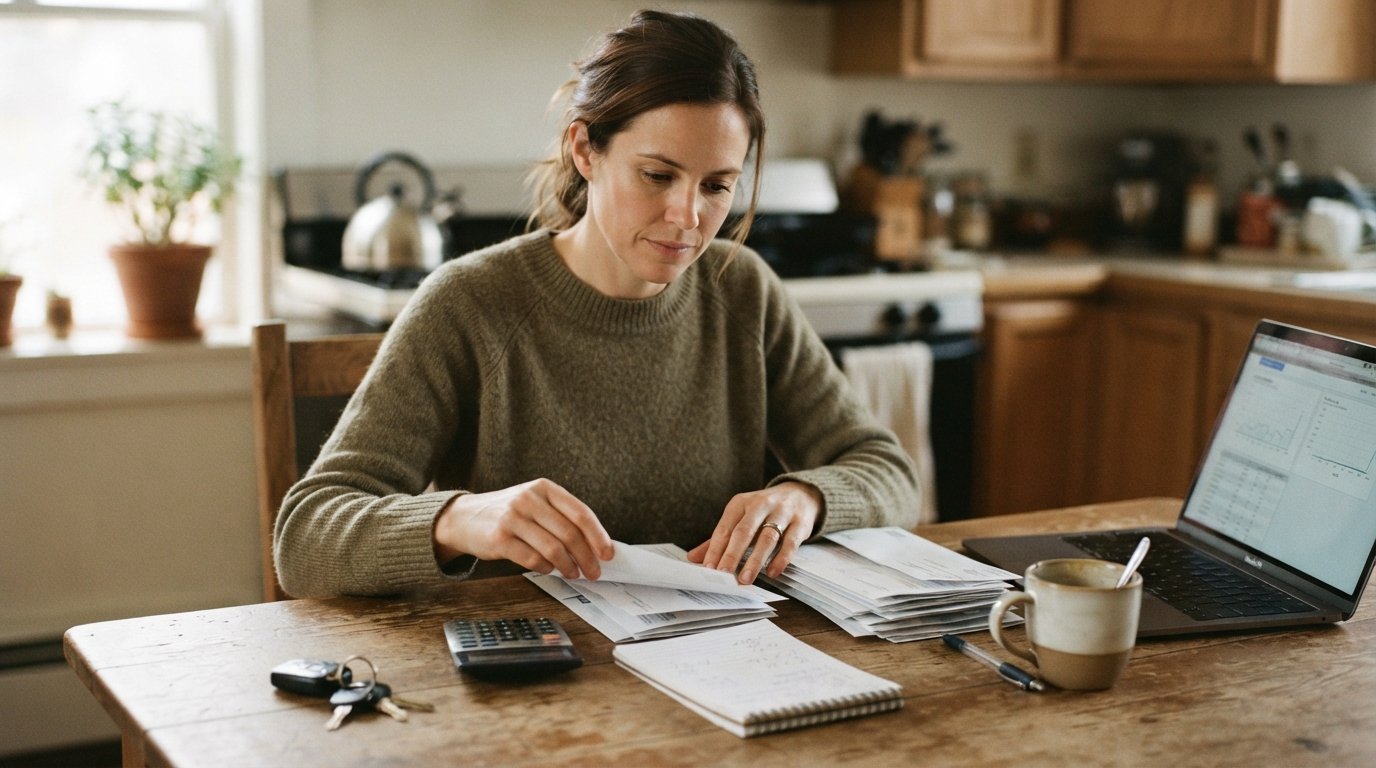 Woman at a kitchen table sorting bills into two piles beside a calculator, notepad, laptop, coffee mug, and car keys