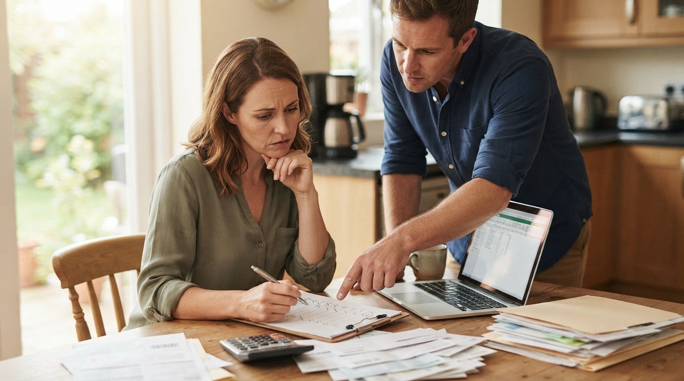 Woman at a kitchen table reviewing a handwritten checklist with a man pointing at it, beside a calculator, bills, laptop,…