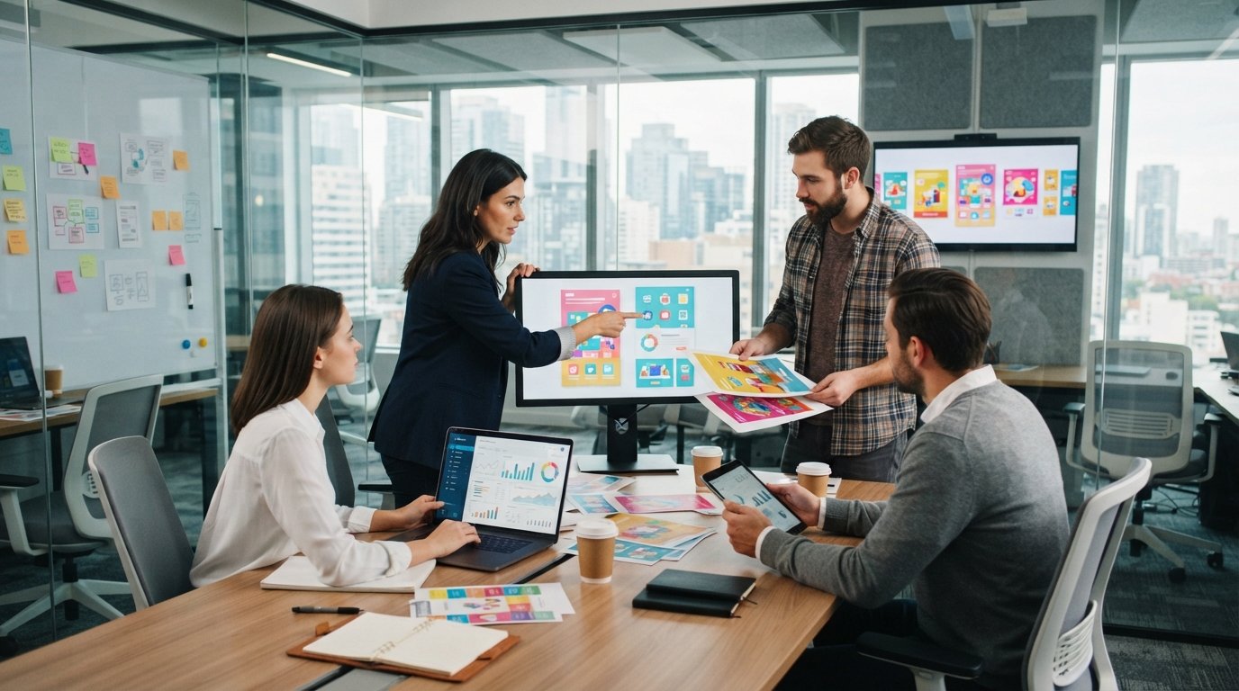 Marketing team in a glass-walled office reviewing banner ad variations on monitors and printed layouts, with analytics…