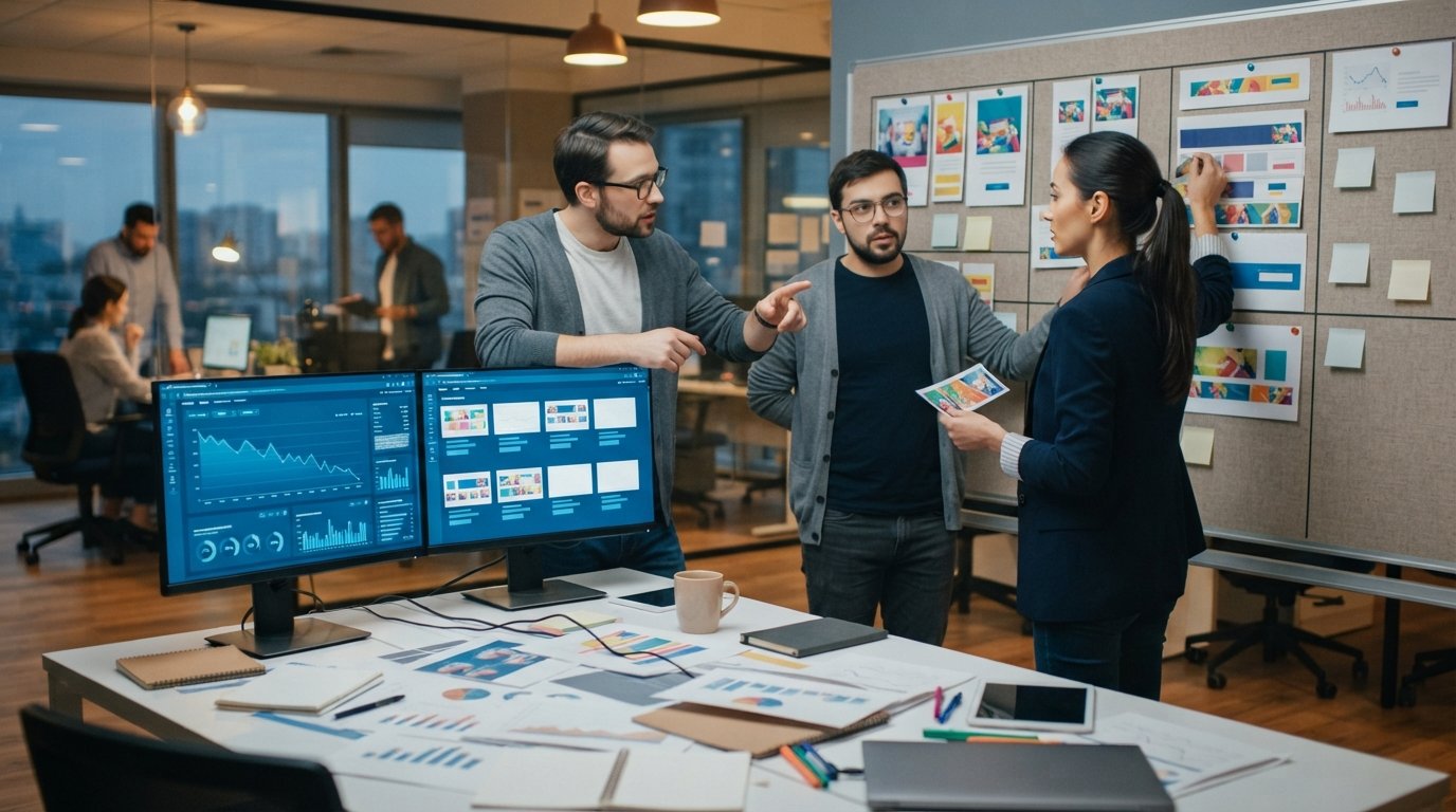 Two marketing professionals review banner ad variants on dual monitors showing performance graphs, with printed creatives…