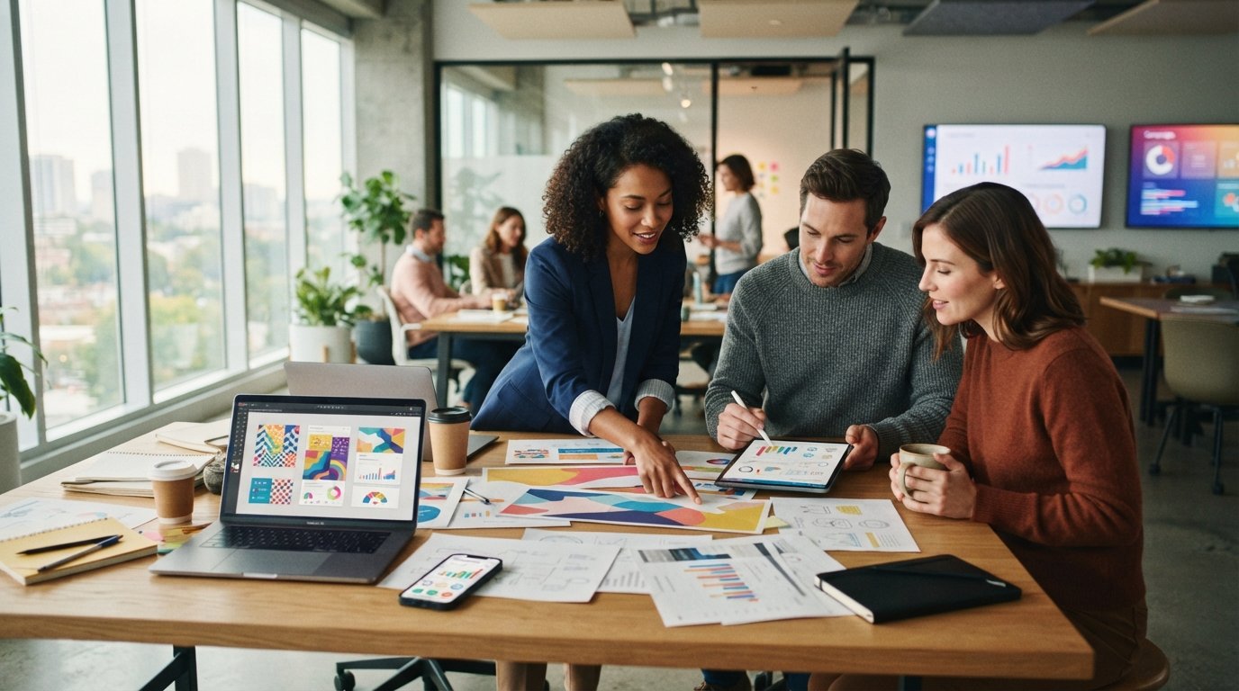 Three colleagues review banner mockups and call tracking dashboards on a desk in a bright office