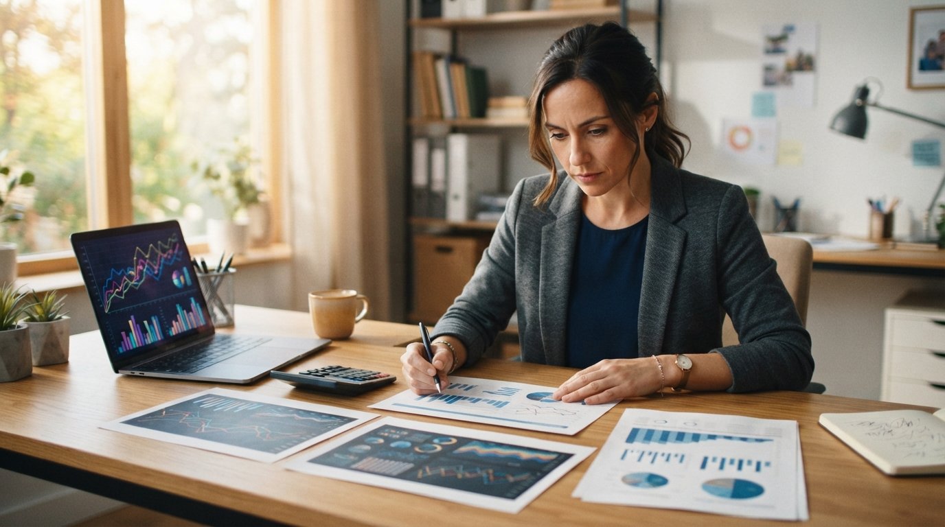Person reviewing three credit report documents at a desk with a laptop showing charts and a calculator, in warm window light