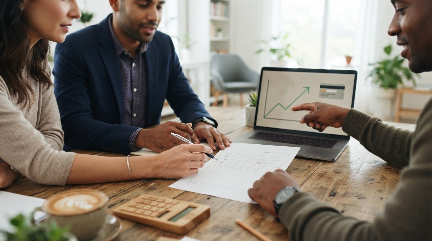 Hands of diverse adults reviewing a loan application and pointing to an upward credit score graph on a laptop