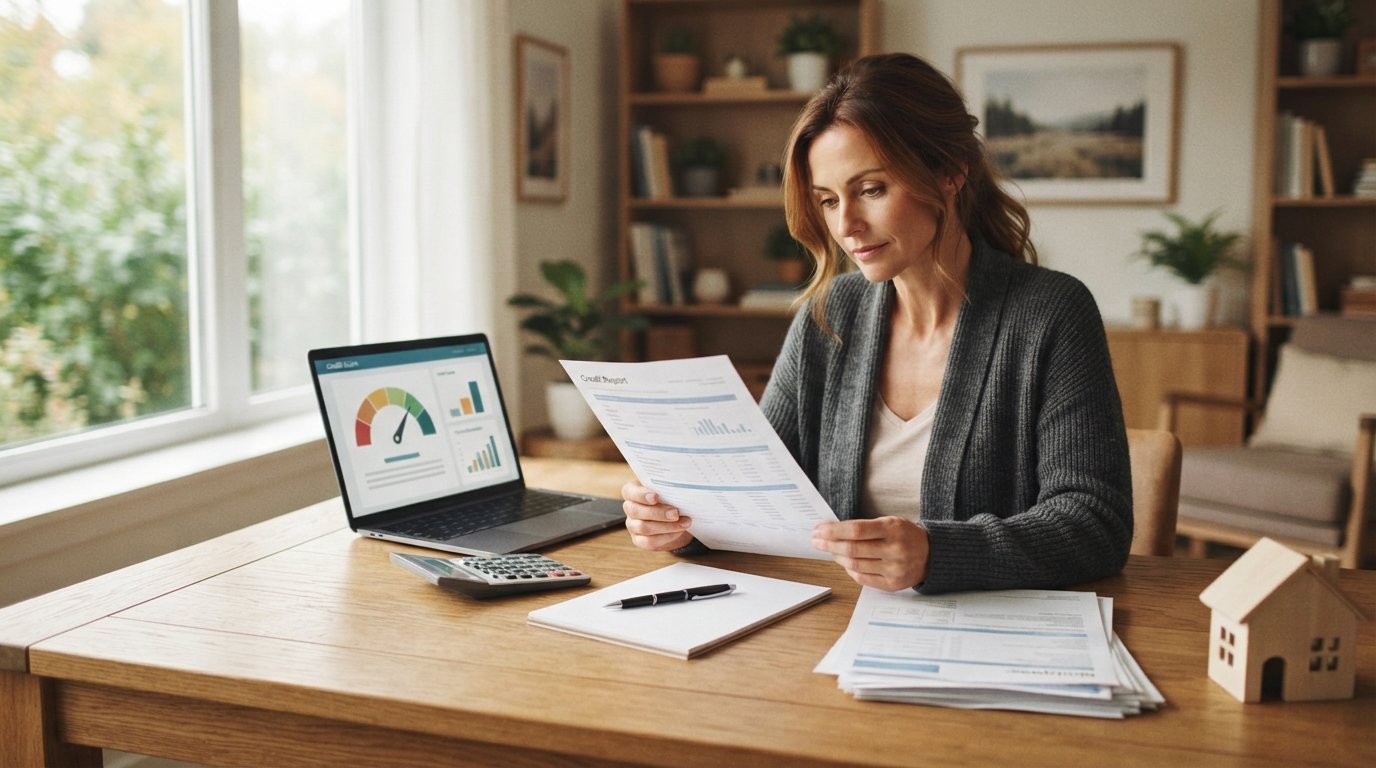 Person reviewing a printed credit report at a desk with a laptop showing a credit score gauge, calculator, pen, mortgage…