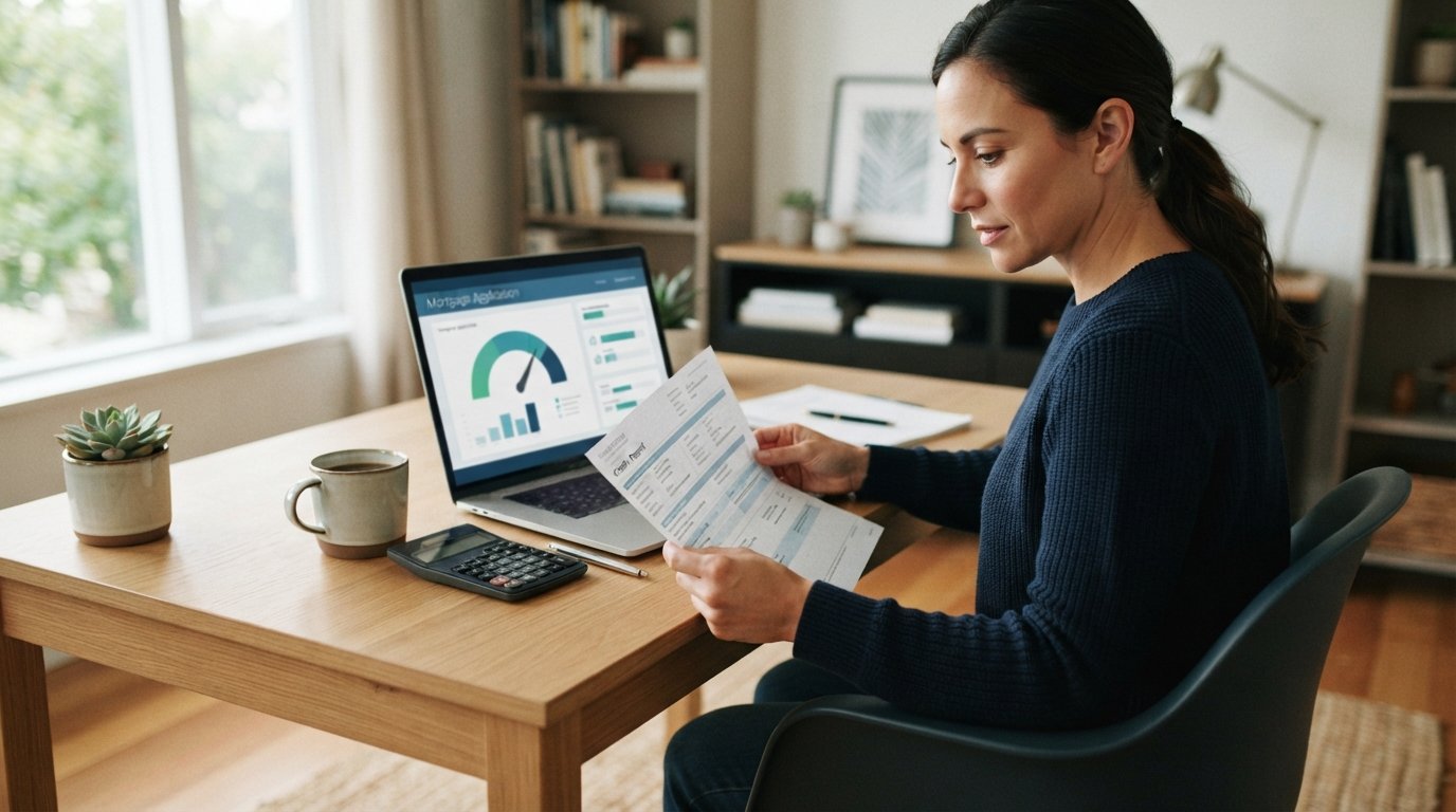 Person at a light oak desk reviewing a credit report beside a laptop showing a mortgage dashboard with a gauge graphic,…