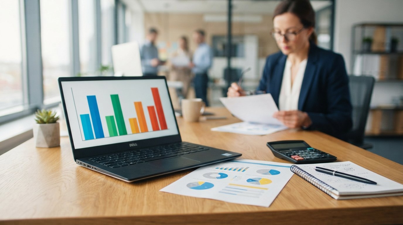 Desk with laptop showing colorful bar graphs, printed credit report with pie charts, calculator, and pen on notepad,…