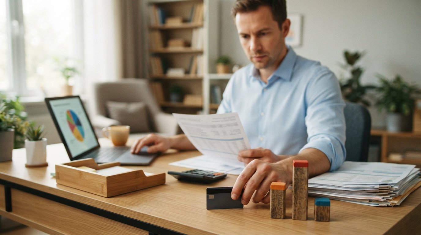 Homeowner in blue shirt reviews a credit report at a desk with a laptop pie chart, calculator, and a hand placing a credit…