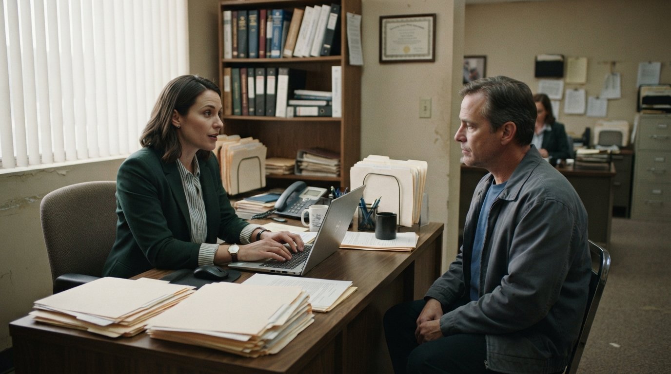 Probation officer reviews case files on a laptop while speaking with a client across a wooden desk in a government office
