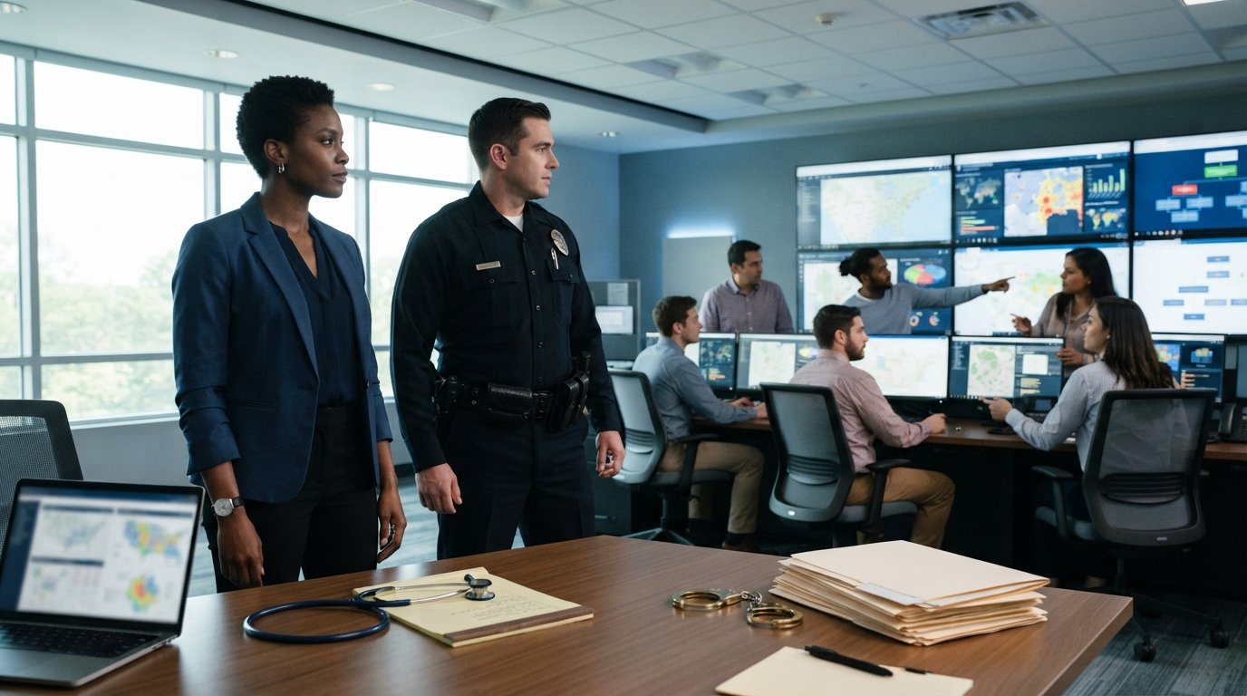 Black woman in navy blazer and police officer reviewing data maps with analysts in a modern command center