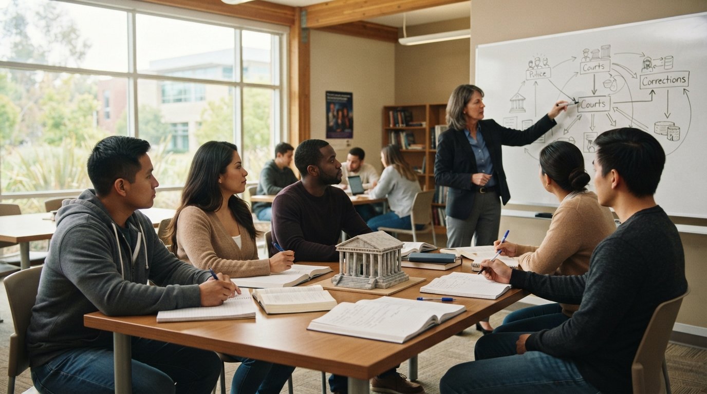 Adult students seated at tables with notebooks and a small courthouse model while an instructor points to a whiteboard…