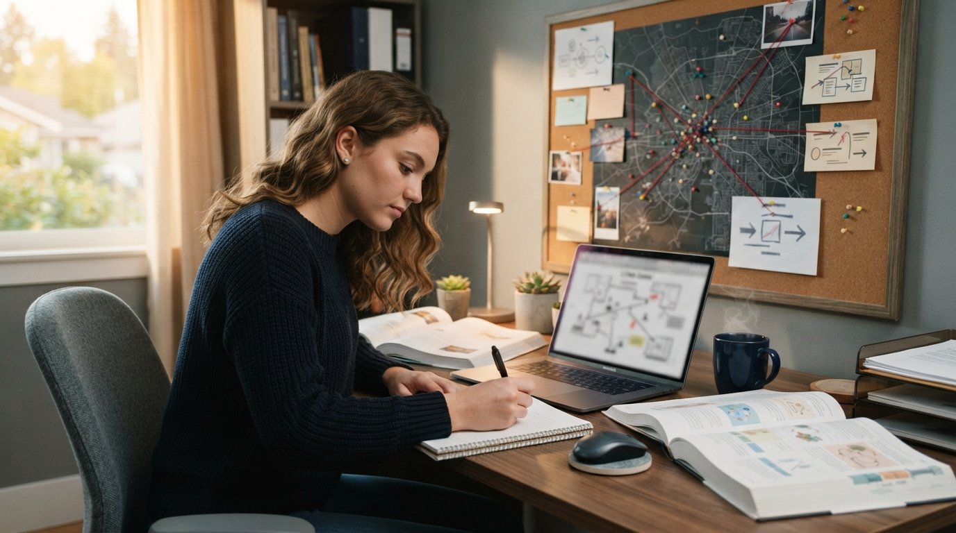 Student at a home desk with a laptop showing a blurred crime-scene diagram, open textbooks, notepad, coffee mug, and a…