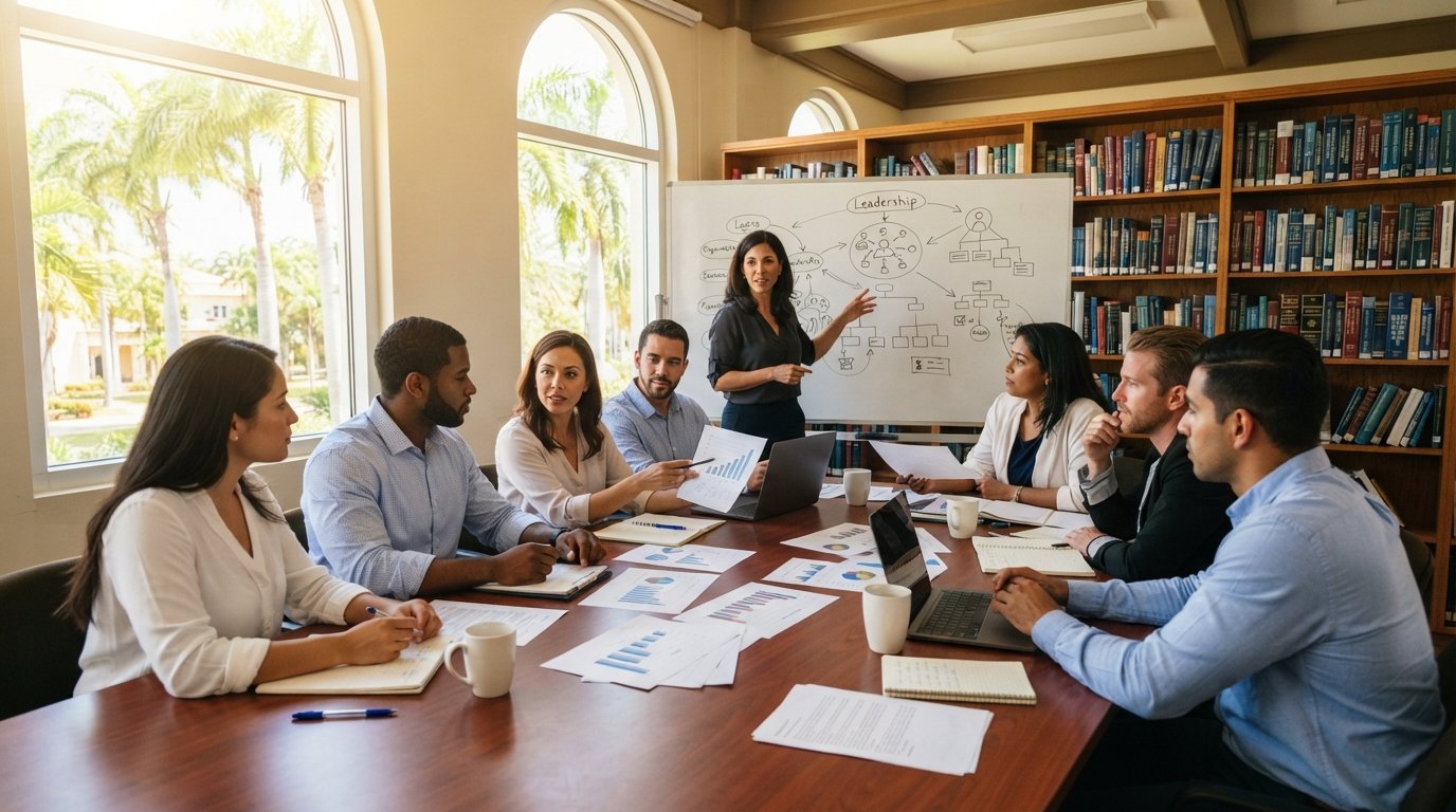 Graduate students in professional attire review crime statistics and legal documents around a wooden seminar table while an…