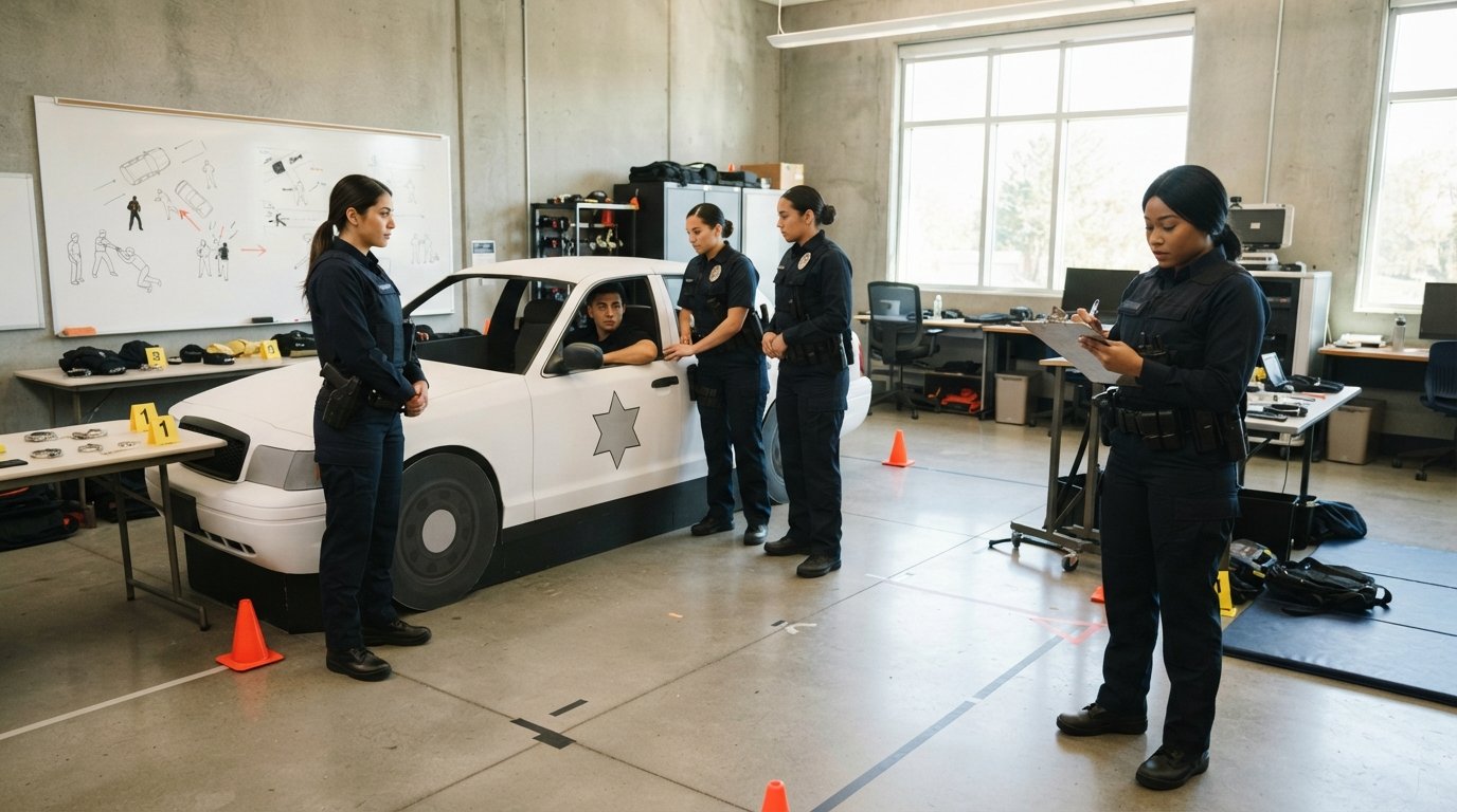 Adult students in navy uniforms practice a mock traffic stop with orange cones and a patrol car prop in a bright classroom
