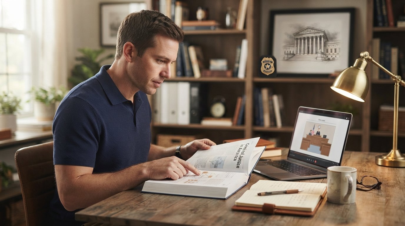 Adult student in navy polo reviewing a criminal justice textbook at a home desk with a laptop showing a video lecture,…