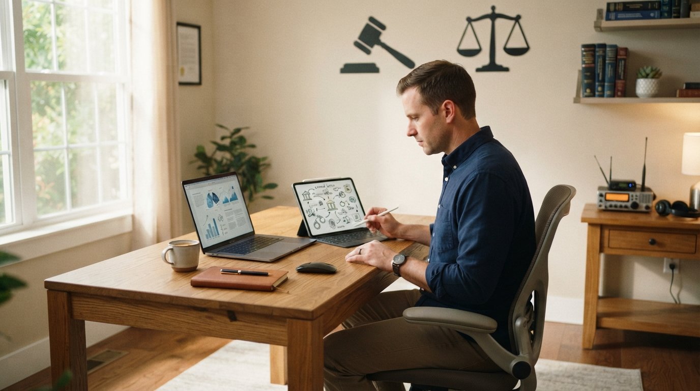 Adult student in navy shirt studying criminal justice concepts on laptop at home desk with gavel and scales décor