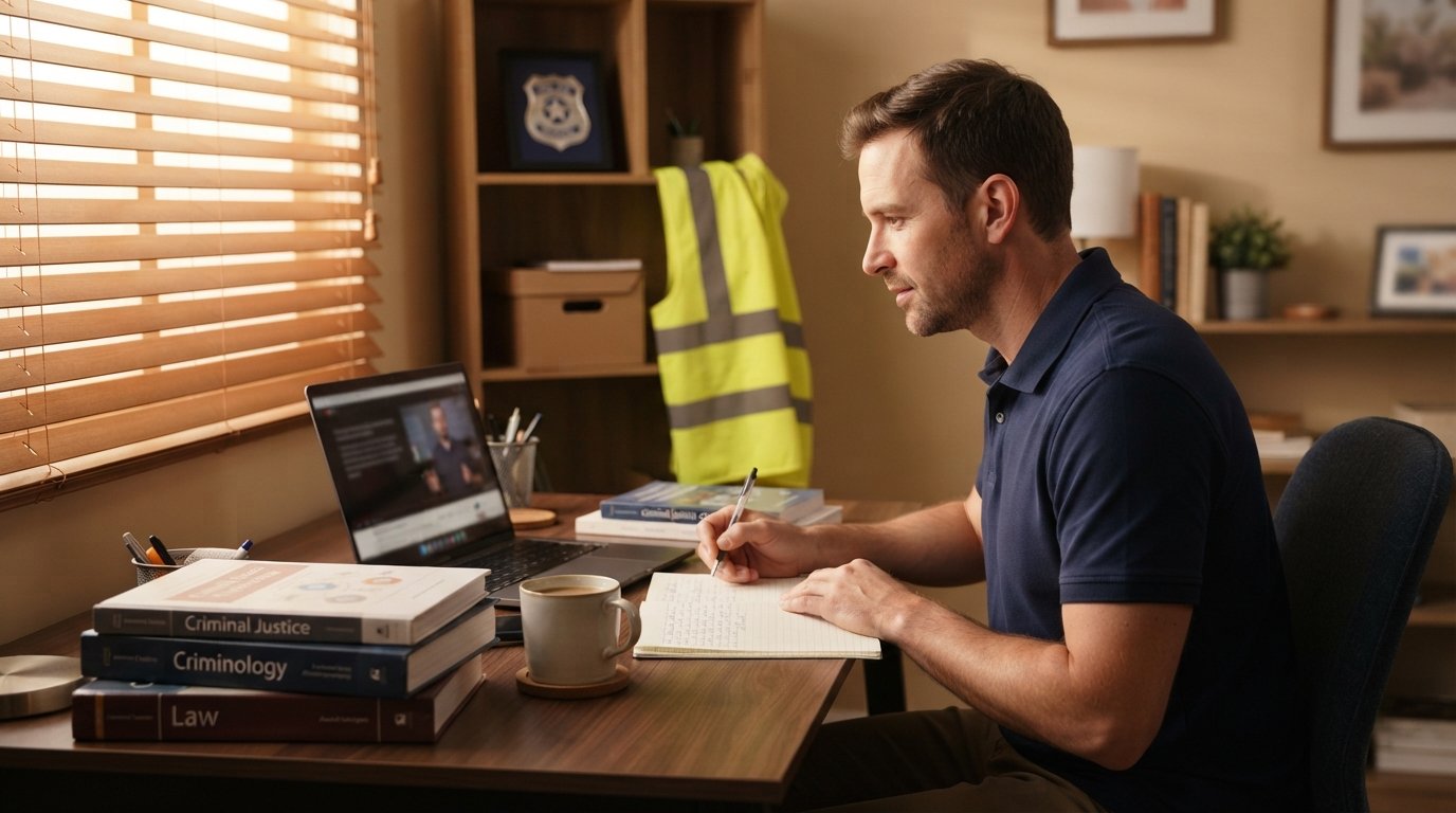 Adult learner in a navy polo shirt studies at a home desk with a laptop showing a video lecture, surrounded by criminal…