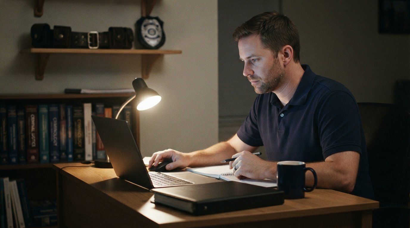 Graduate student in a navy polo reviewing coursework on a laptop at a home desk with a binder, mug, and lamp, a duty belt…