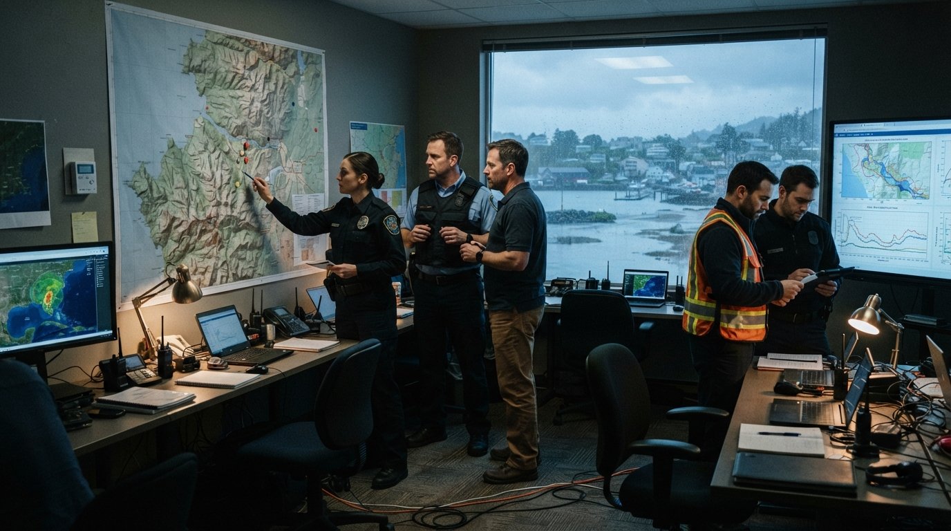 Emergency management professionals in dark uniforms and safety vests coordinate in a command center with wall-mounted…