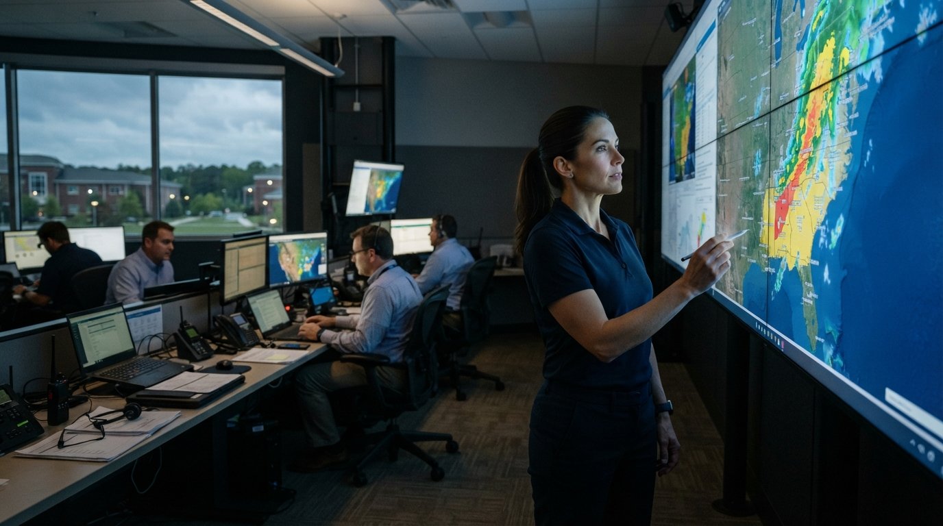 Professional in navy polo reviews a wall-mounted digital weather and risk map in an emergency operations center as…