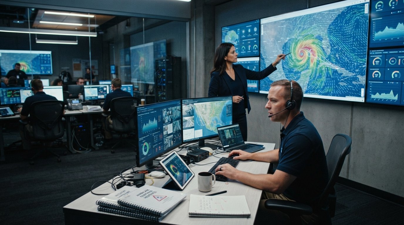 Two emergency management specialists in a command center, one reviewing storm tracking data on a wall-mounted digital map,…