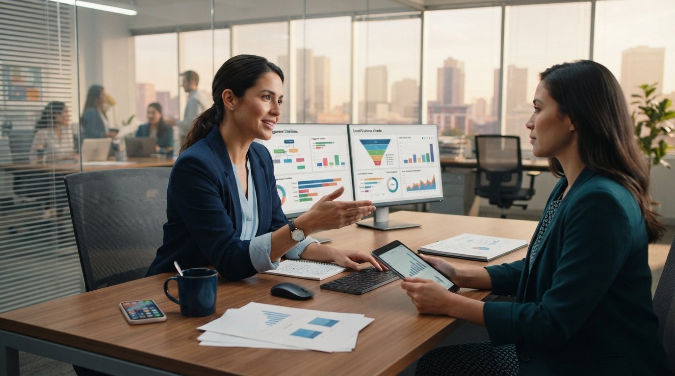 Mortgage loan officer in navy blazer points at dual monitors showing engagement timelines and email cadence charts while a…